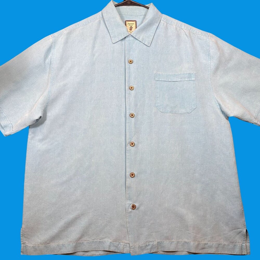 Jamaica Jaxx Mens Blue Short Sleeve Button-Up Shirt Size Large 100% Silk Casual